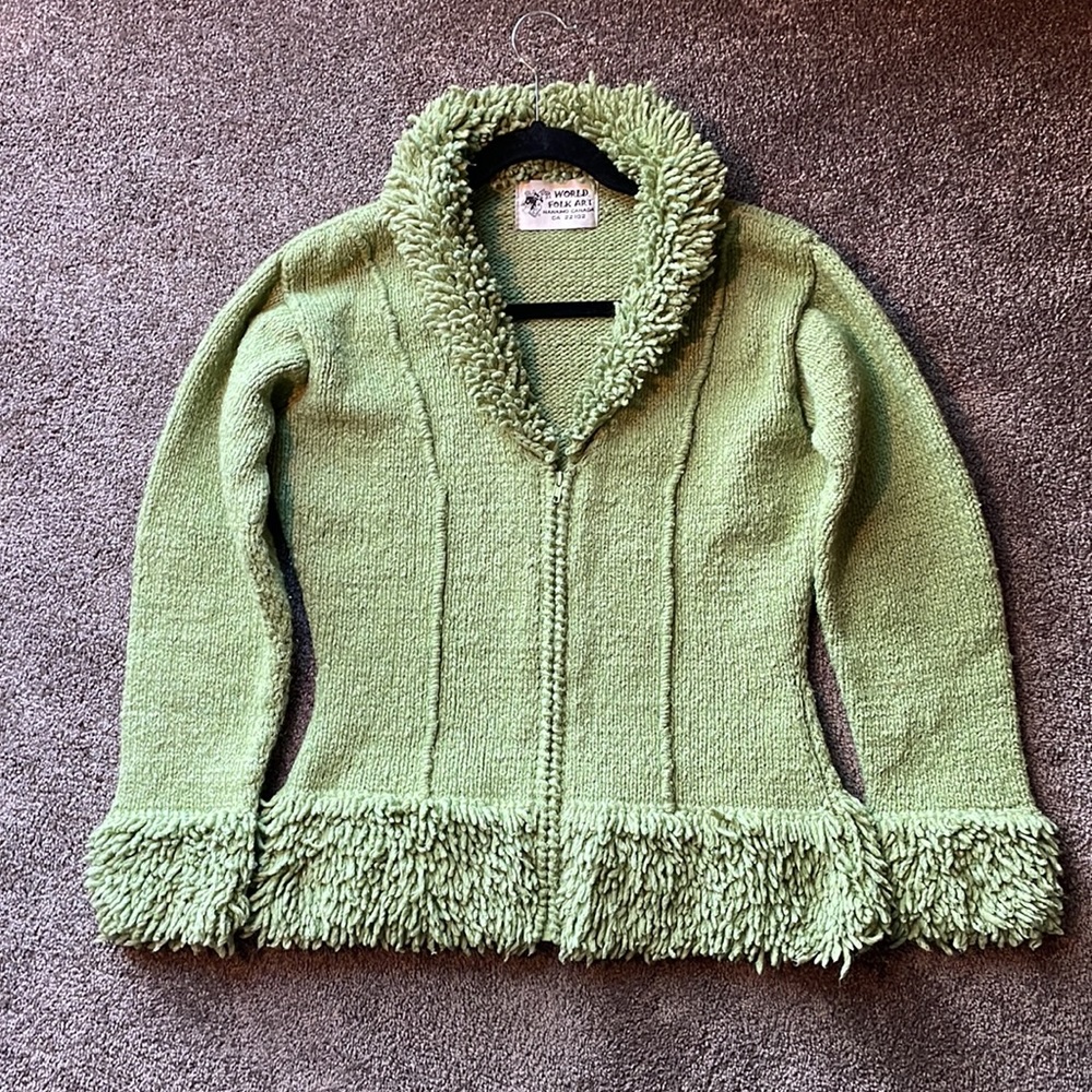 WORLD FOLK ART Nanaimo Canada Fringed Green Sweater Jacket Cowichan Wool Handmad